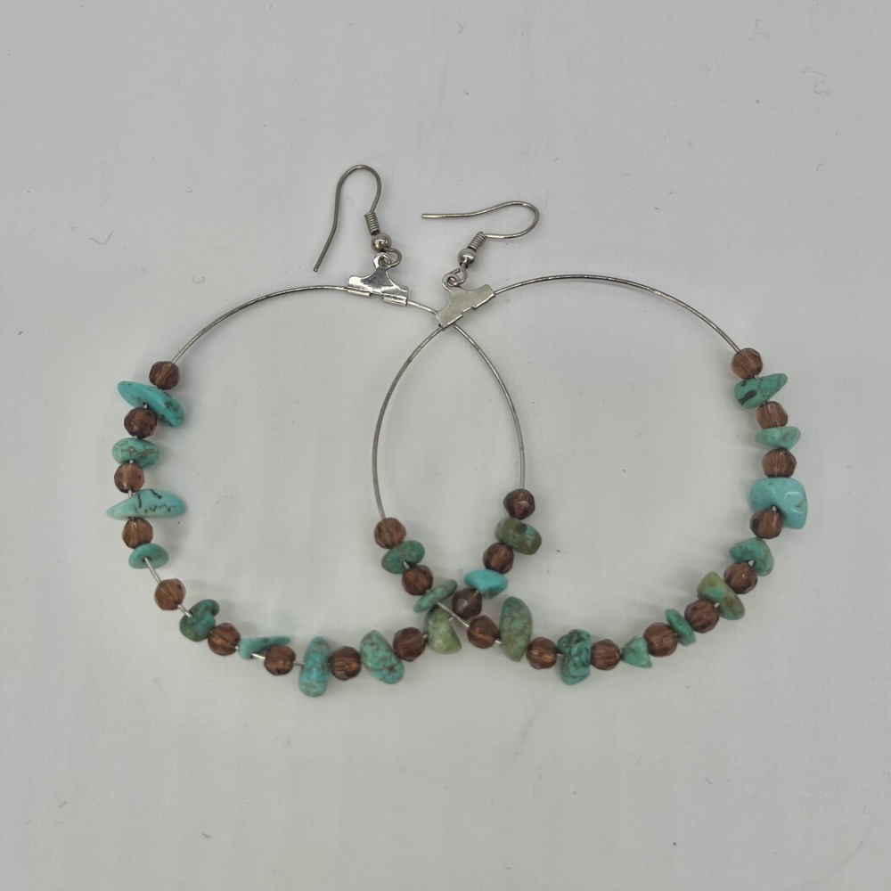 Vtg Turquoise &‎ Brown Beaded Hoop Dangle Earrings Silver Boho Southwestern NOS